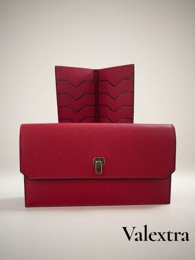 VALEXTRA Red Leather Wallet & Credit Card 2 pieces